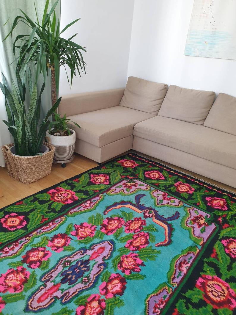Handwoven Turquoise Floral Romanian Wool Rug, 380x175 cm, view 4