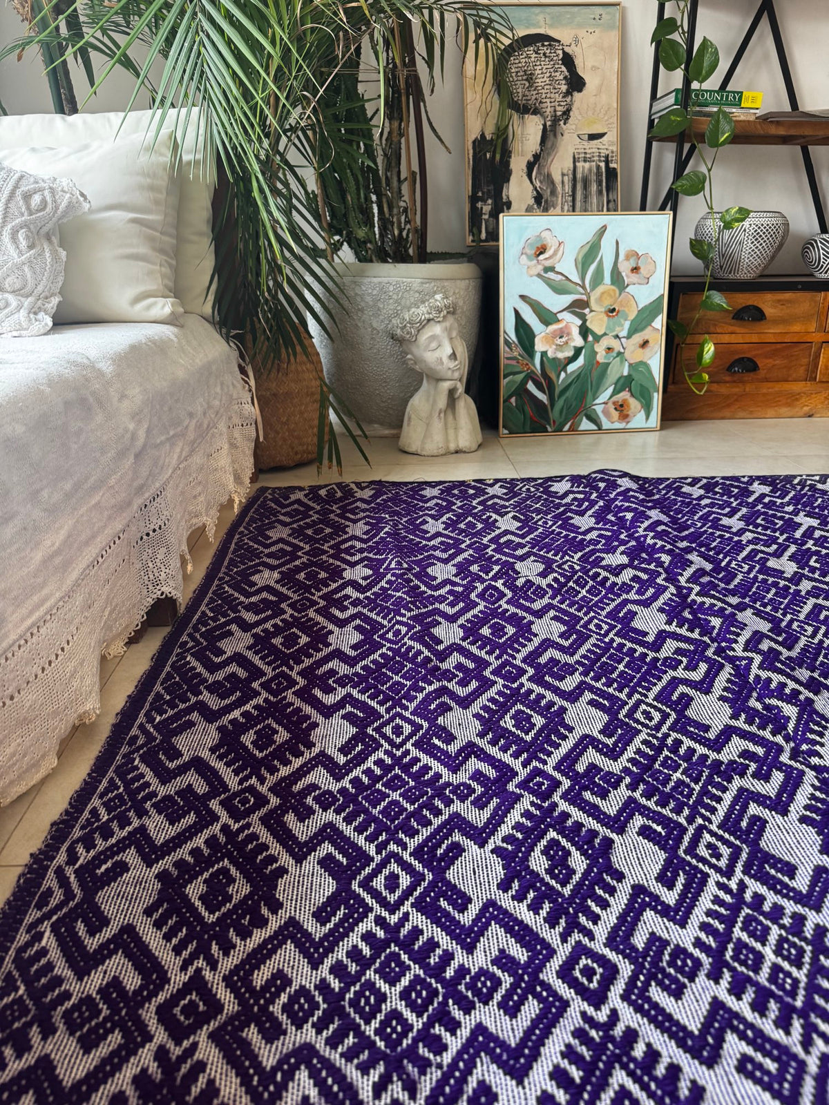Handwoven Purple Geometric Romanian Wool Rug, 190x135 cm, view 3