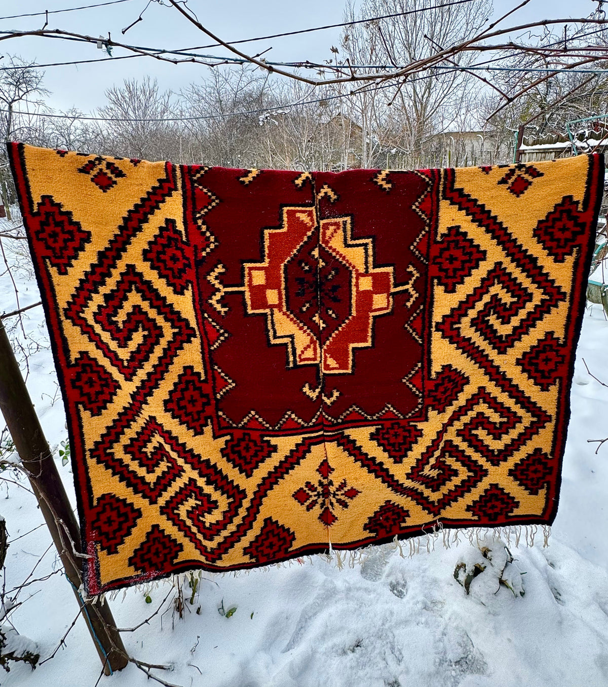 Handwoven Geometric Romanian Wool Rug, 246x163 cm