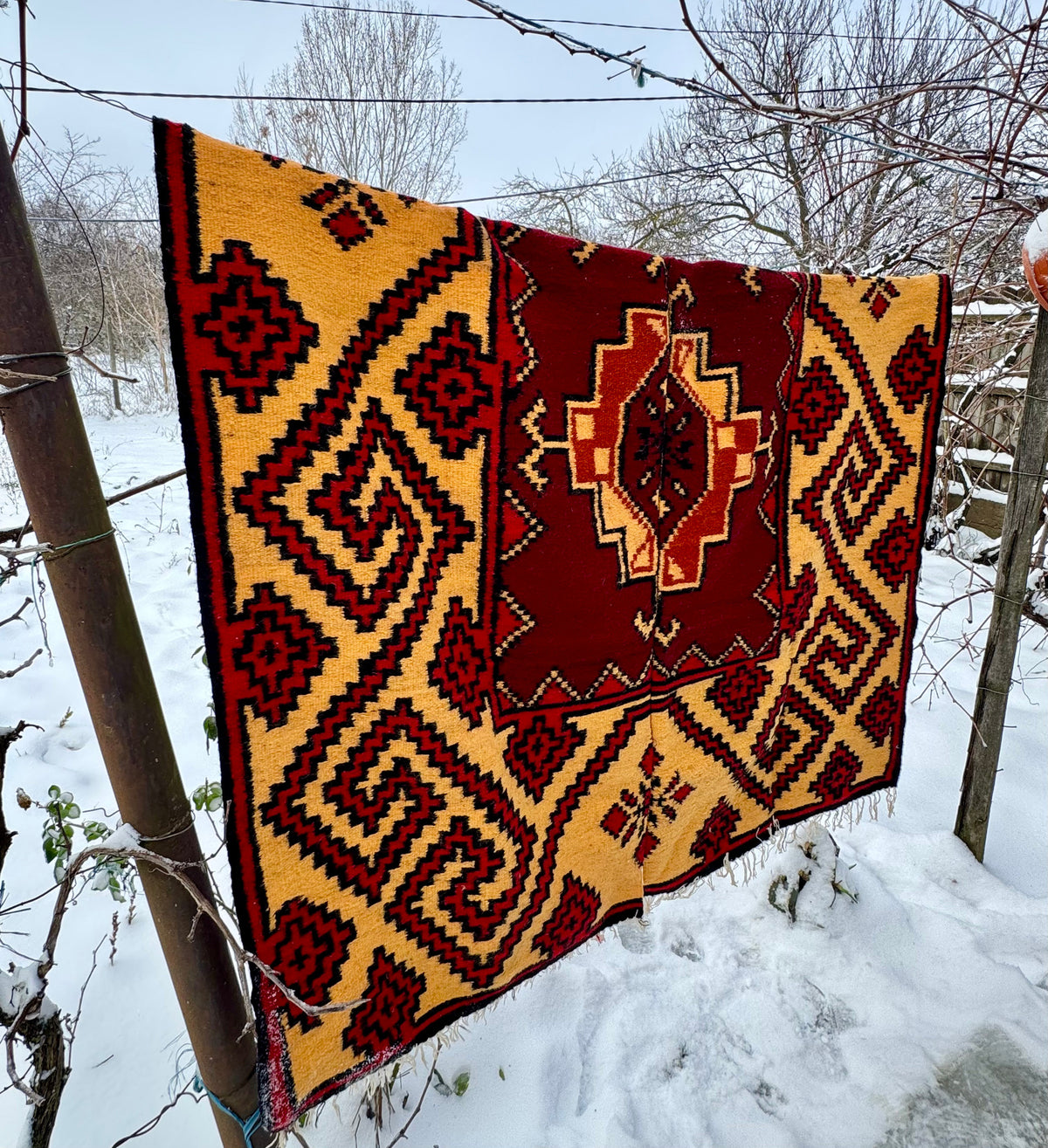 Handwoven Geometric Romanian Wool Rug, 246x163 cm, view 2