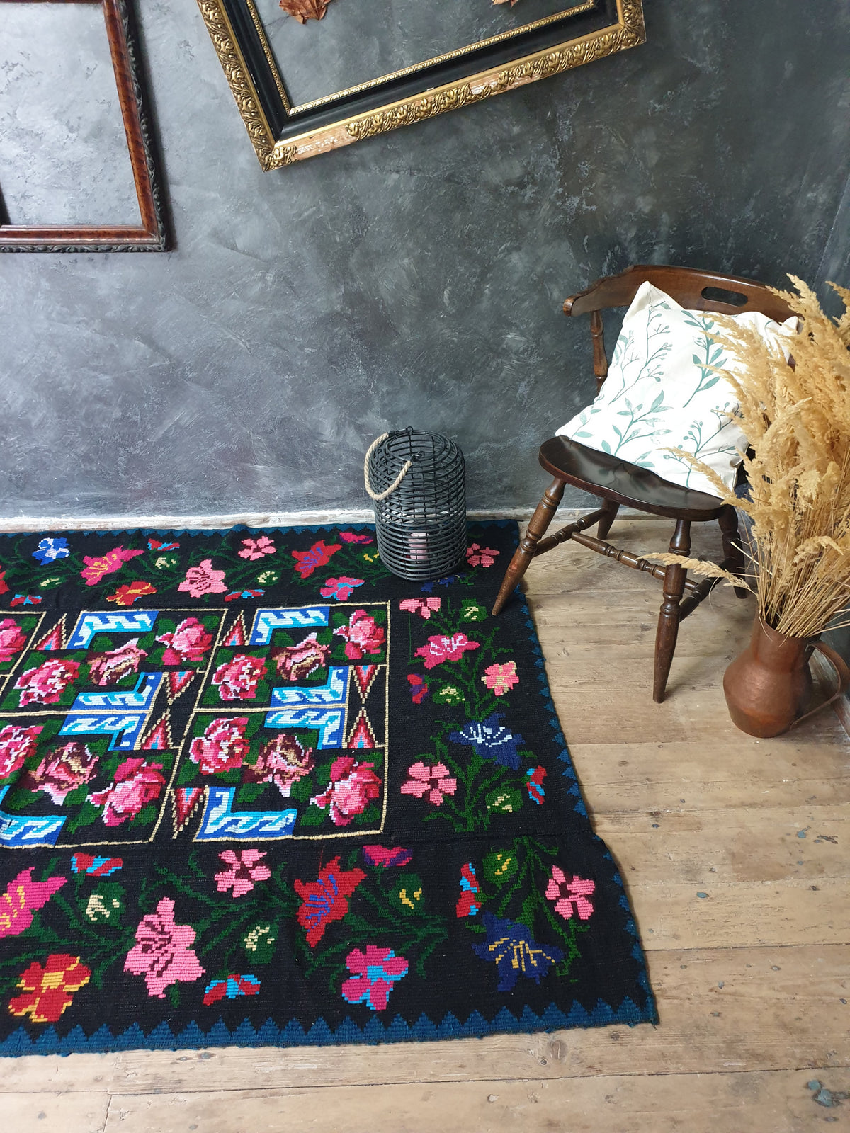 Handwoven Black Floral Romanian Wool Rug, 207x144 cm