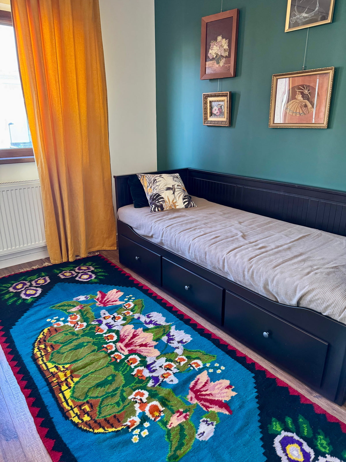 Handwoven Blue Floral Romanian Wool Runner Rug, 285x106 cm, view 4