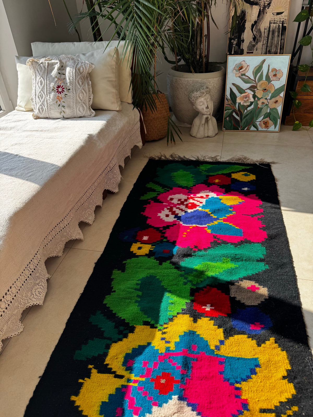 Handwoven Black Floral Romanian Wool Runner Rug, 340x77 cm, view 14