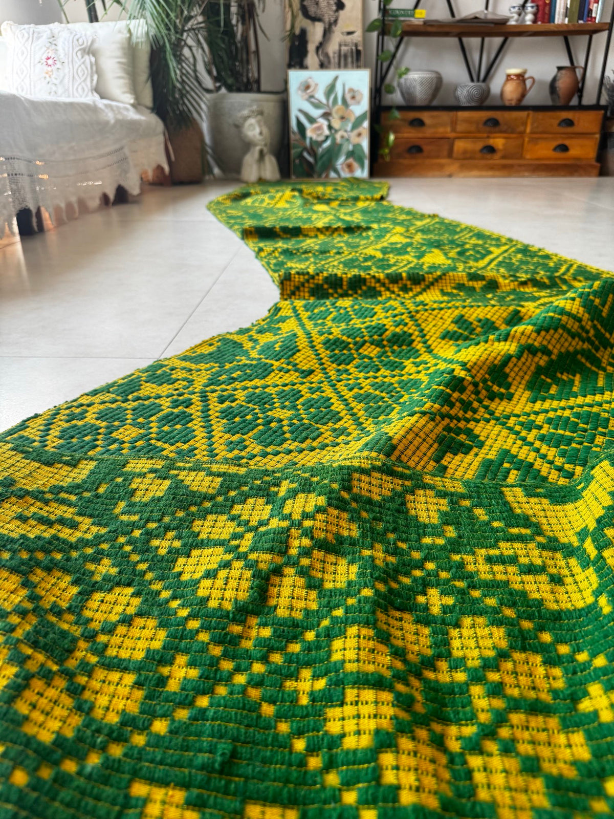 Handwoven Green Floral Romanian Wool Runner Rug, 450x65 cm, view 2