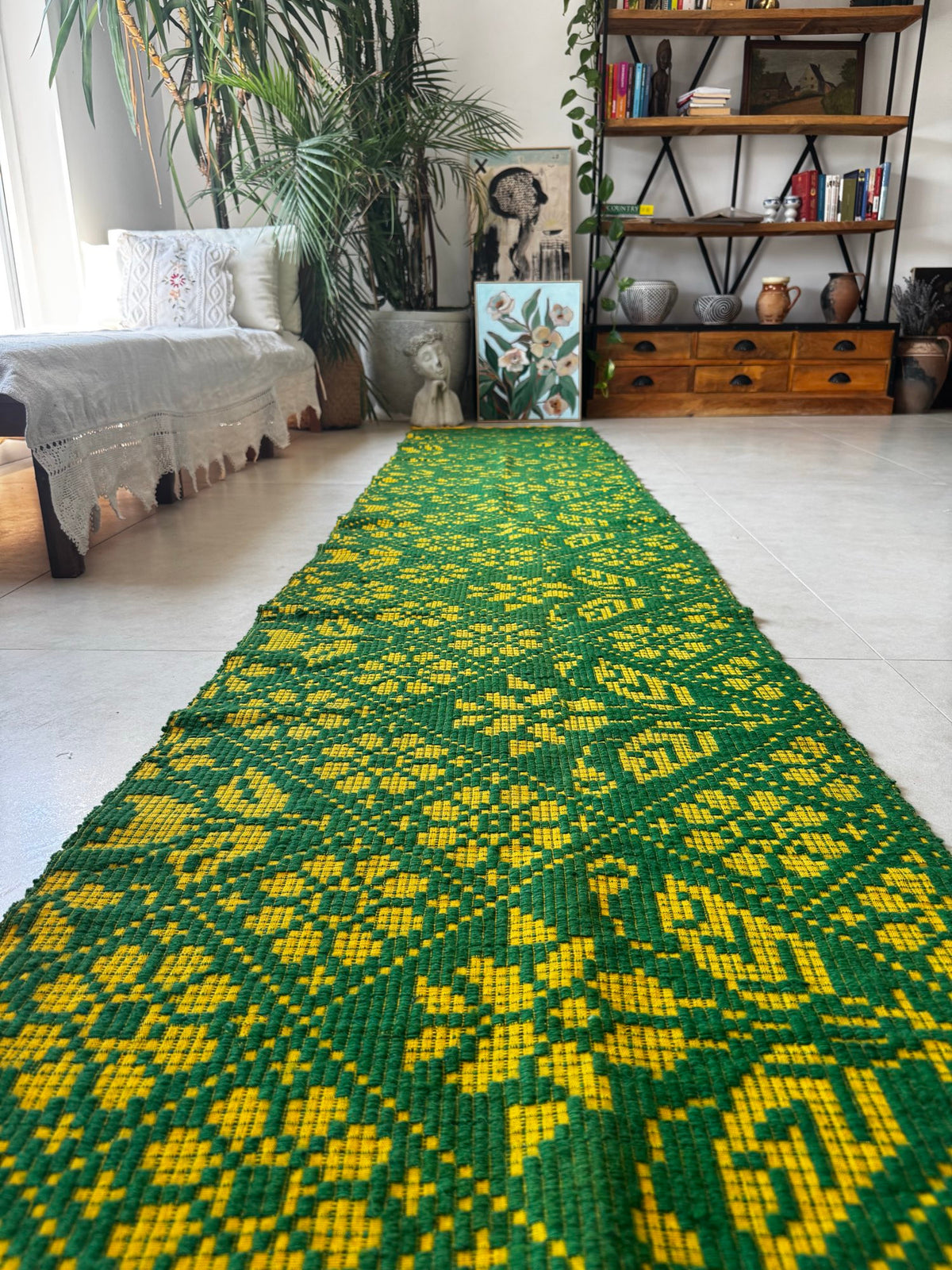Handwoven Green Floral Romanian Wool Runner Rug, 450x65 cm, view 4