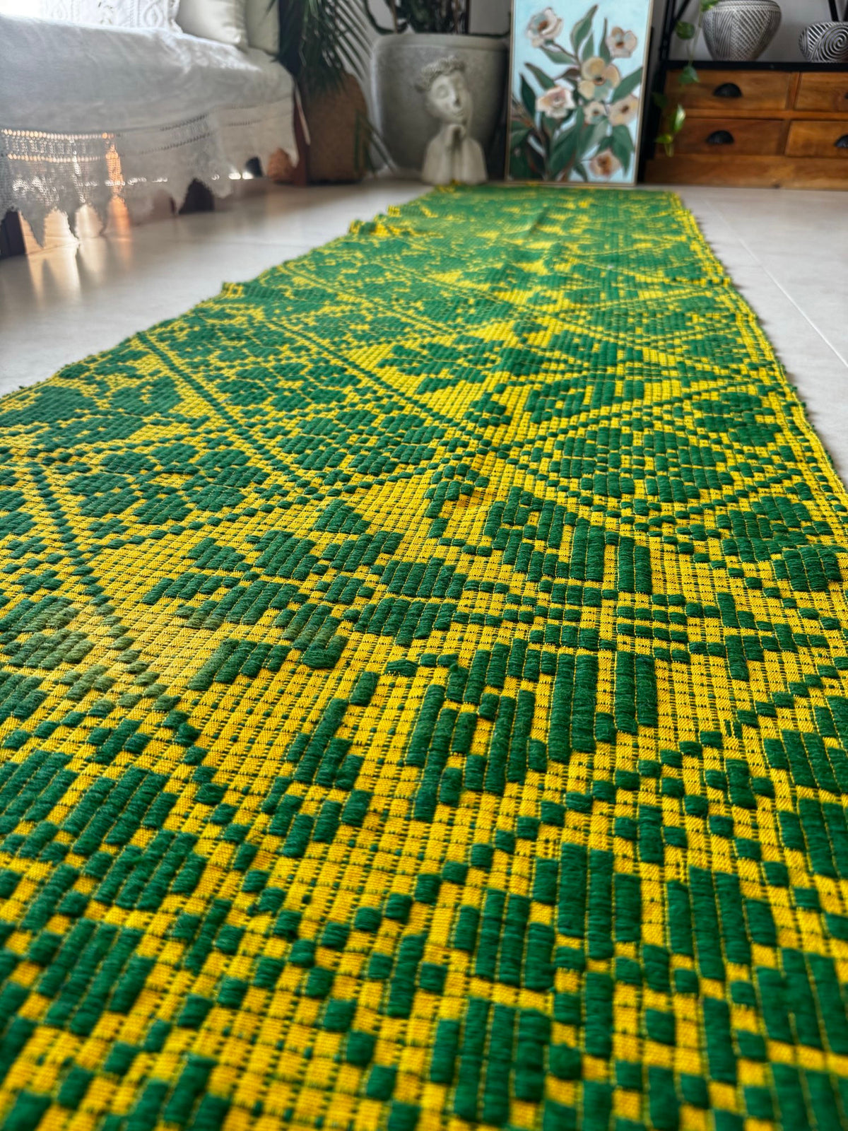 Handwoven Green Floral Romanian Wool Runner Rug, 450x65 cm, view 5