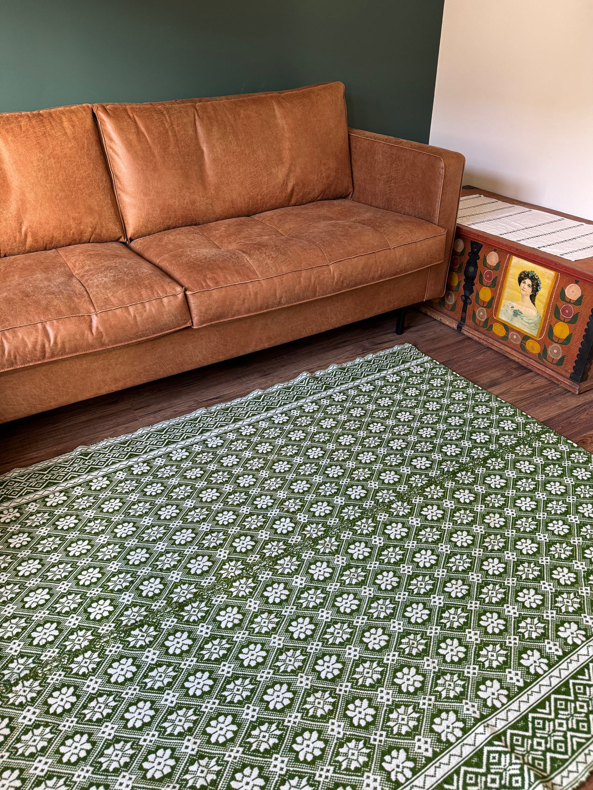Vintage Green Geometric Romanian Wool Rug, 177x140 cm, view 13