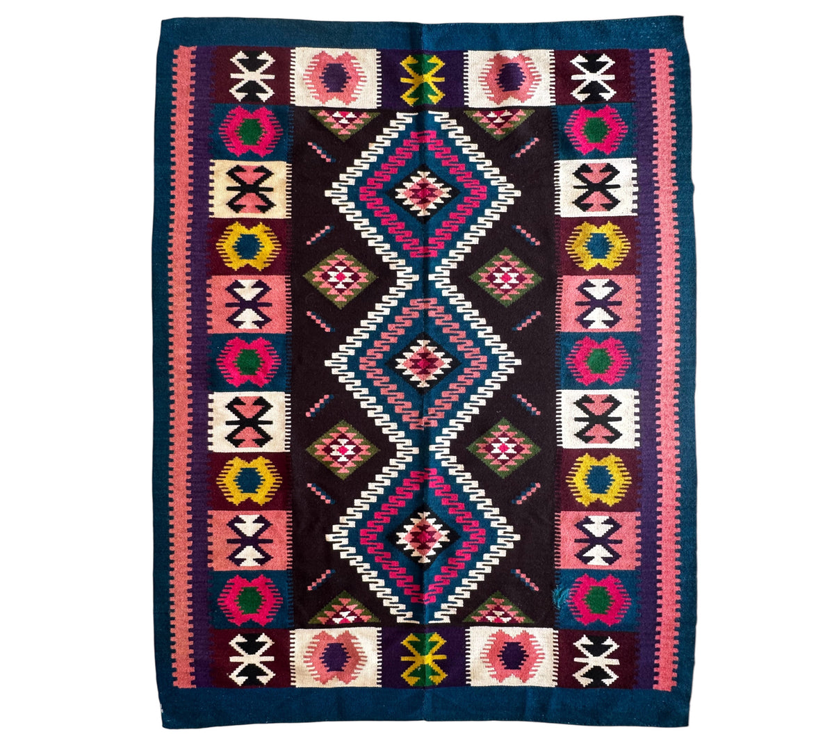 Vintage Blue Geometric Banat Wool Kilim Rug, 210x150 cm