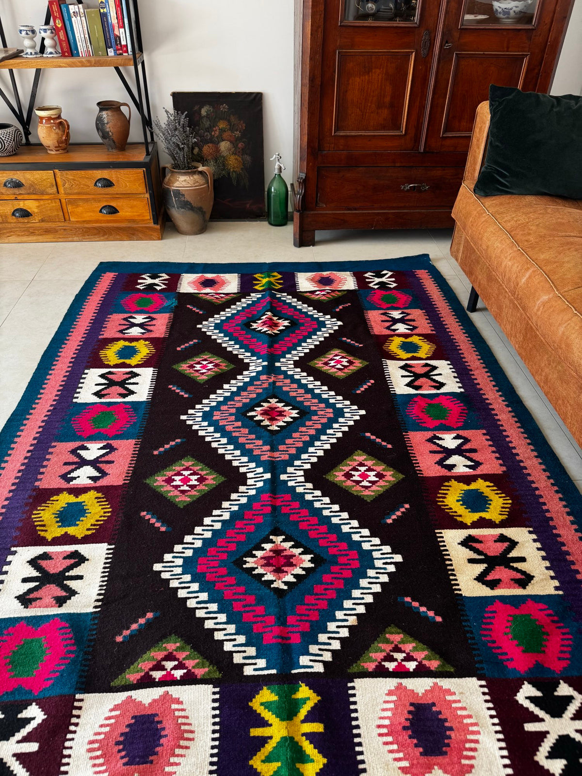 Vintage Blue Geometric Banat Wool Kilim Rug, 210x150 cm, view 3