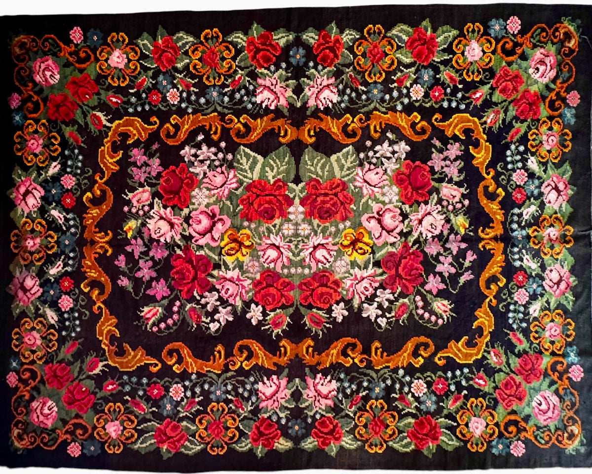 Vintage Bessarabian wool rug with black background and red rose floral design, 340 × 238 cm