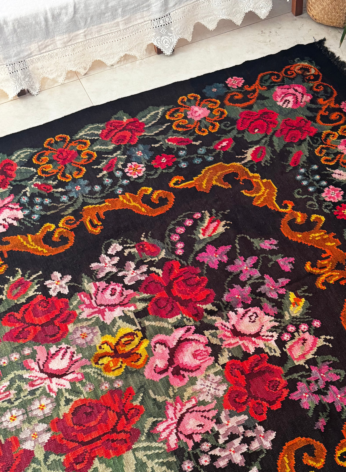Vintage Bessarabian handwoven wool rug, floral design on black background – photo 11