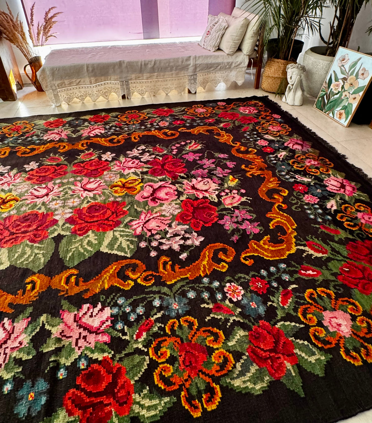 Vintage Bessarabian handwoven wool rug, floral design on black background – photo 14