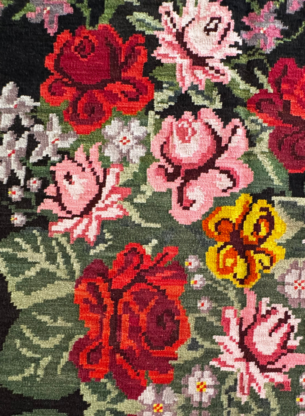 Vintage Bessarabian handwoven wool rug, floral design on black background – photo 17