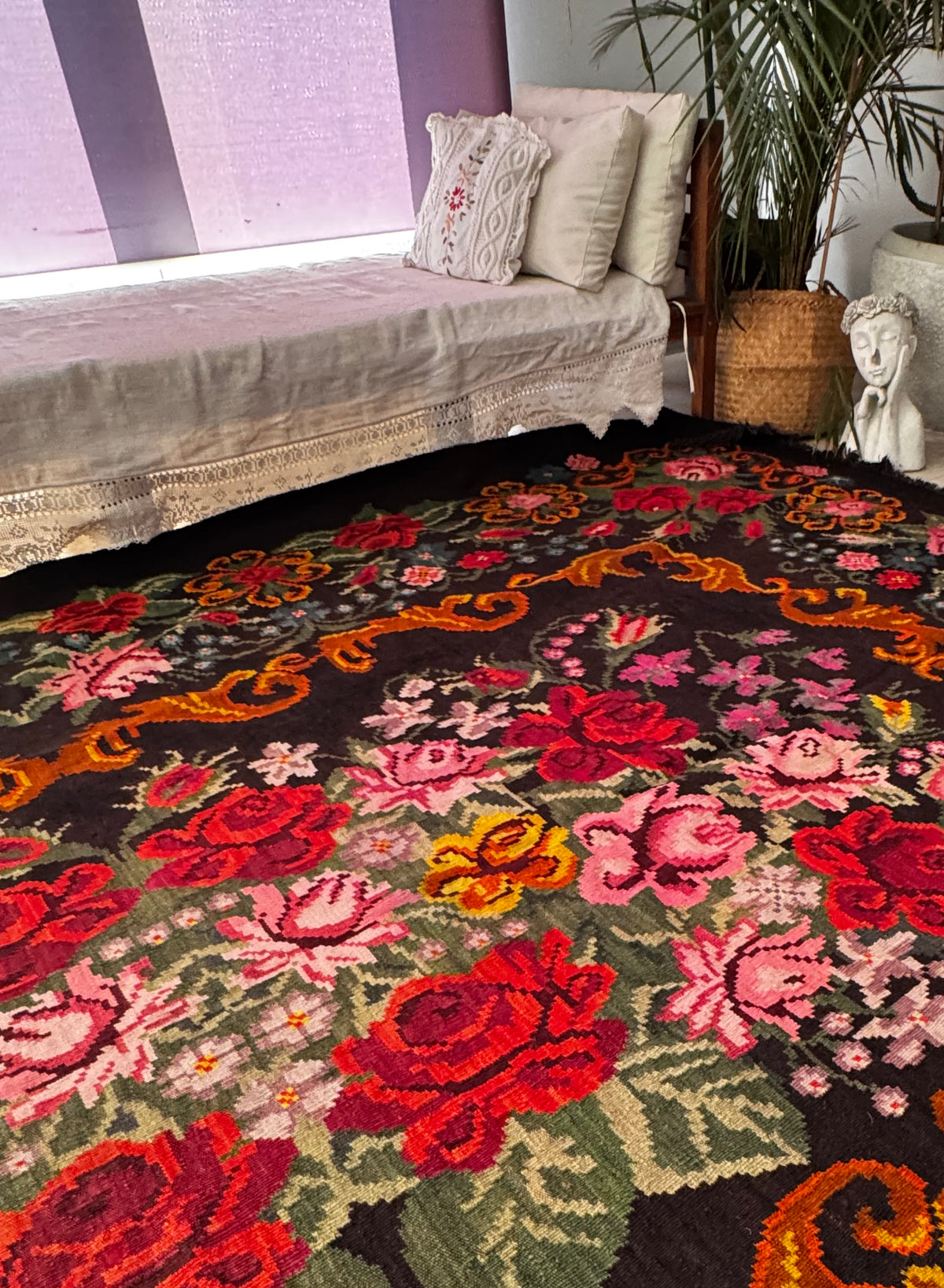 Vintage Bessarabian handwoven wool rug, floral design on black background – photo 19