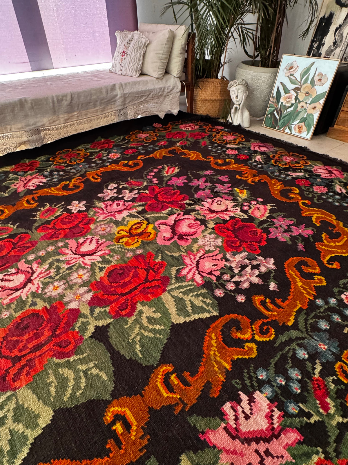 Vintage Bessarabian handwoven wool rug, floral design on black background – photo 19