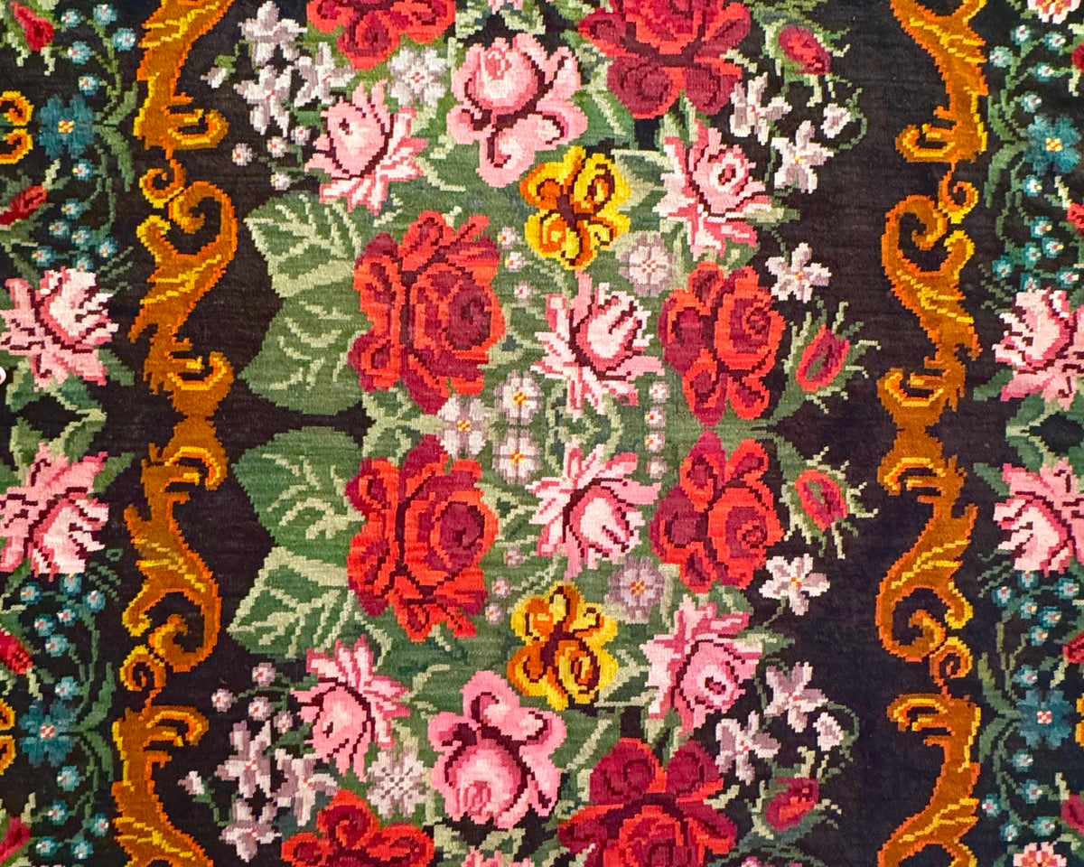 Vintage Bessarabian handwoven wool rug, floral design on black background – photo 20