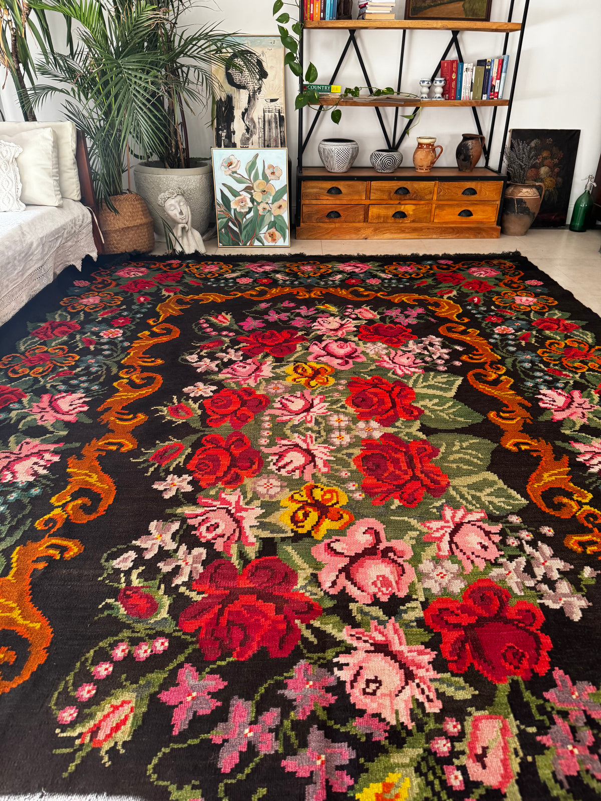 Vintage Bessarabian handwoven wool rug, floral design on black background – photo 23