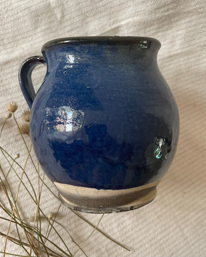 Vintage Blue Clay Pitcher, Romanian Folk Pottery, 13 cm, view 4