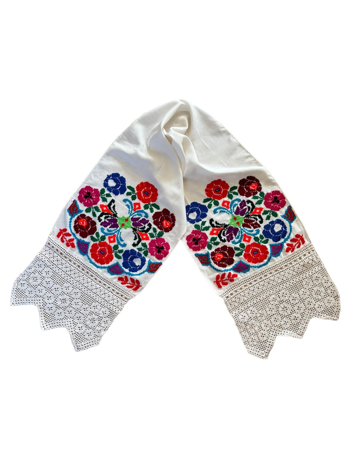 Vintage Colourful Folk Towel with Lace, 160x33 cm