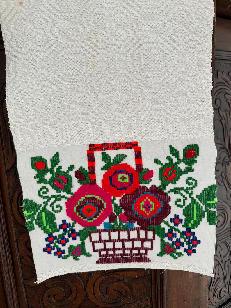 Vintage Cross-Stitch Folk Towel, Flower Baskets, 93x32 cm, view 10