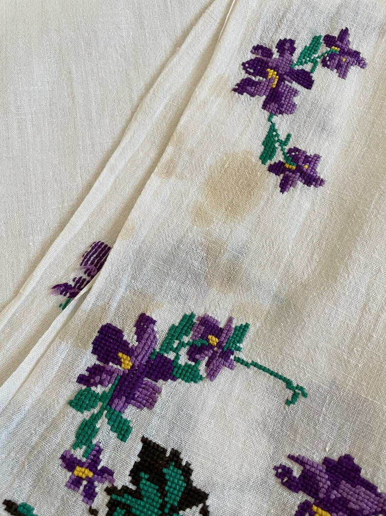 Vintage Cross-Stitch Folk Towel, Purple Flowers, 120x50 cm, view 2