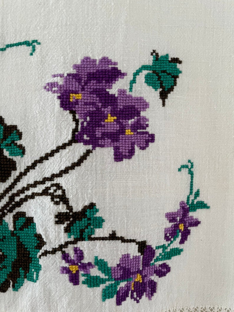 Vintage Cross-Stitch Folk Towel, Purple Flowers, 120x50 cm, view 4