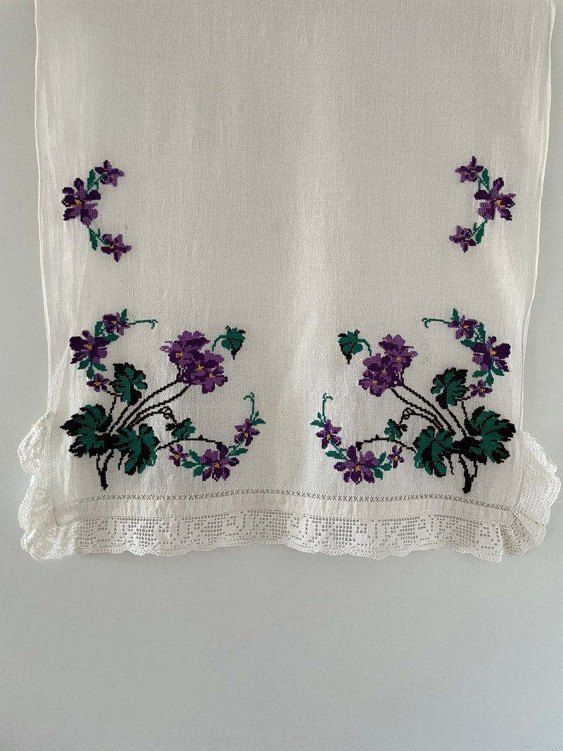 Vintage Cross-Stitch Folk Towel, Purple Flowers, 120x50 cm, view 5