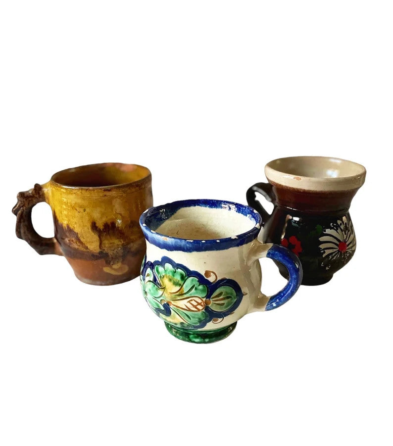 Vintage Handmade Romanian Clay Mugs, Rustic Pottery
