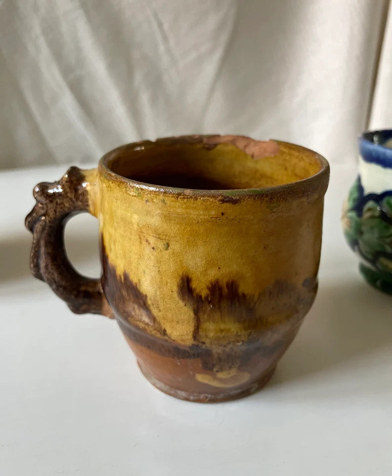 Vintage Handmade Romanian Clay Mugs, Rustic Pottery, view 7