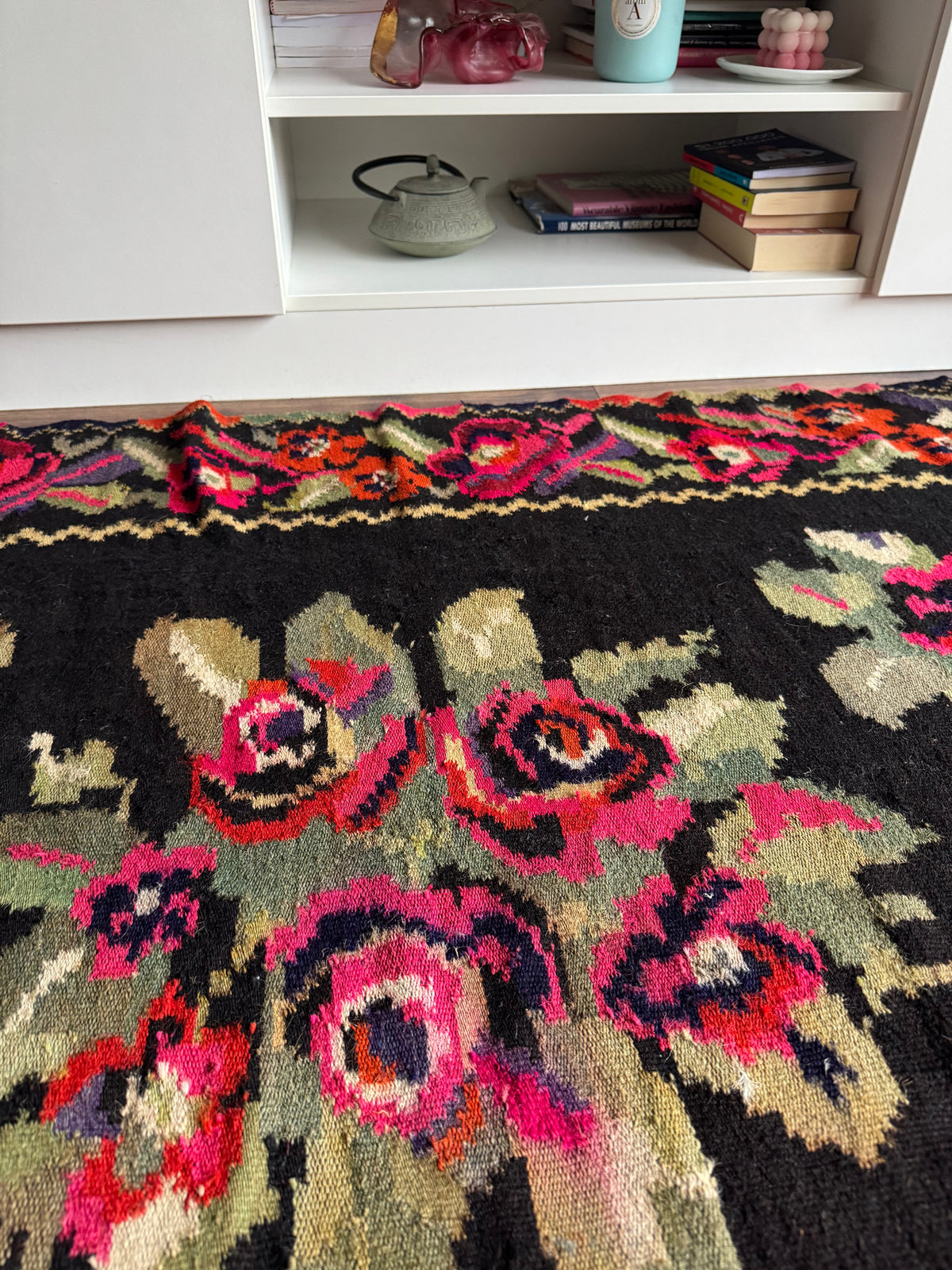 Vintage Black Floral Maramureș Wool Rug, 188x124 cm, view 14