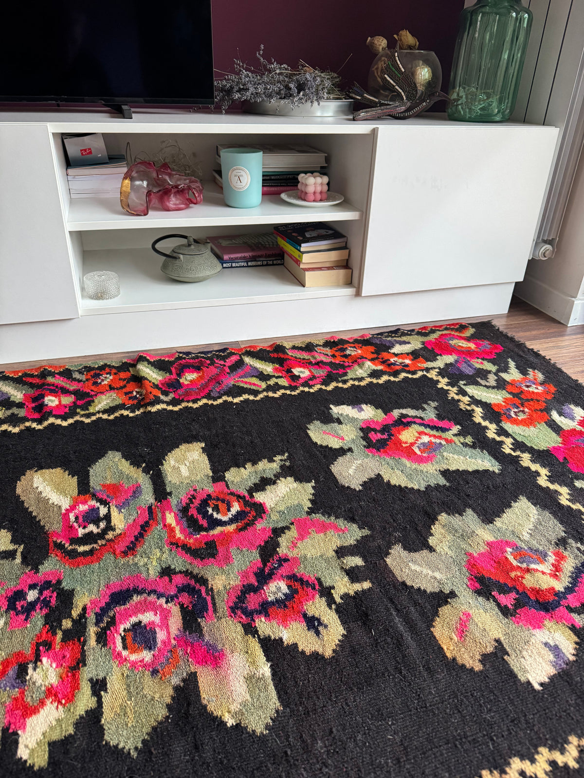 Vintage Black Floral Maramureș Wool Rug, 188x124 cm, view 9