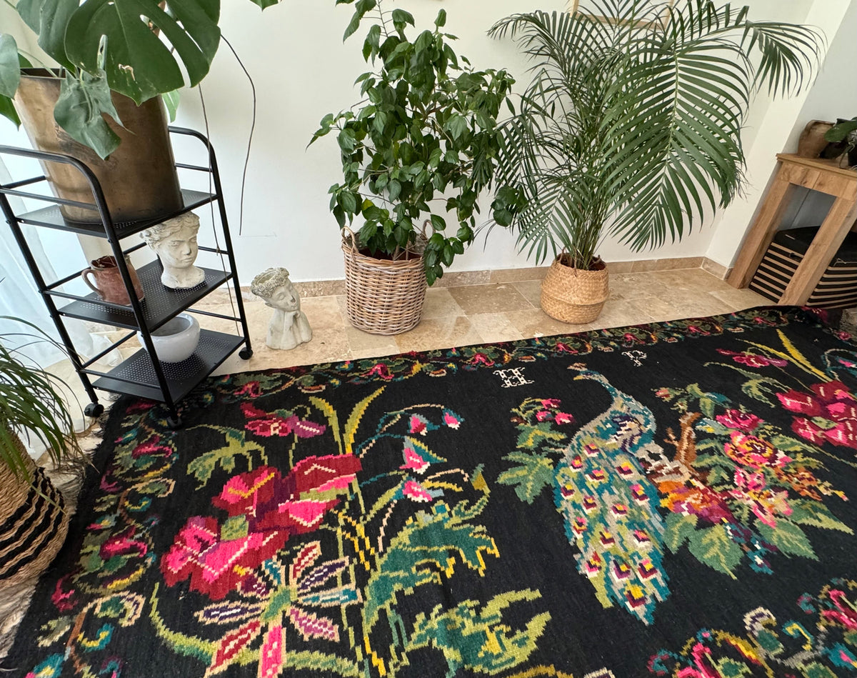 Vintage Moldavian Wool Rug with Peacock, 360x147 cm, view 4