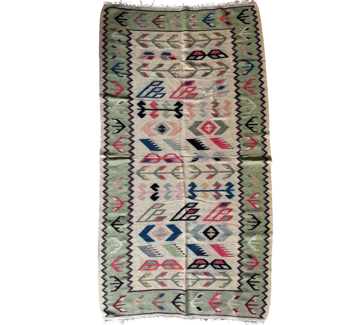 Vintage Geometric Oltenian Wool Kilim Rug, 190x100 cm
