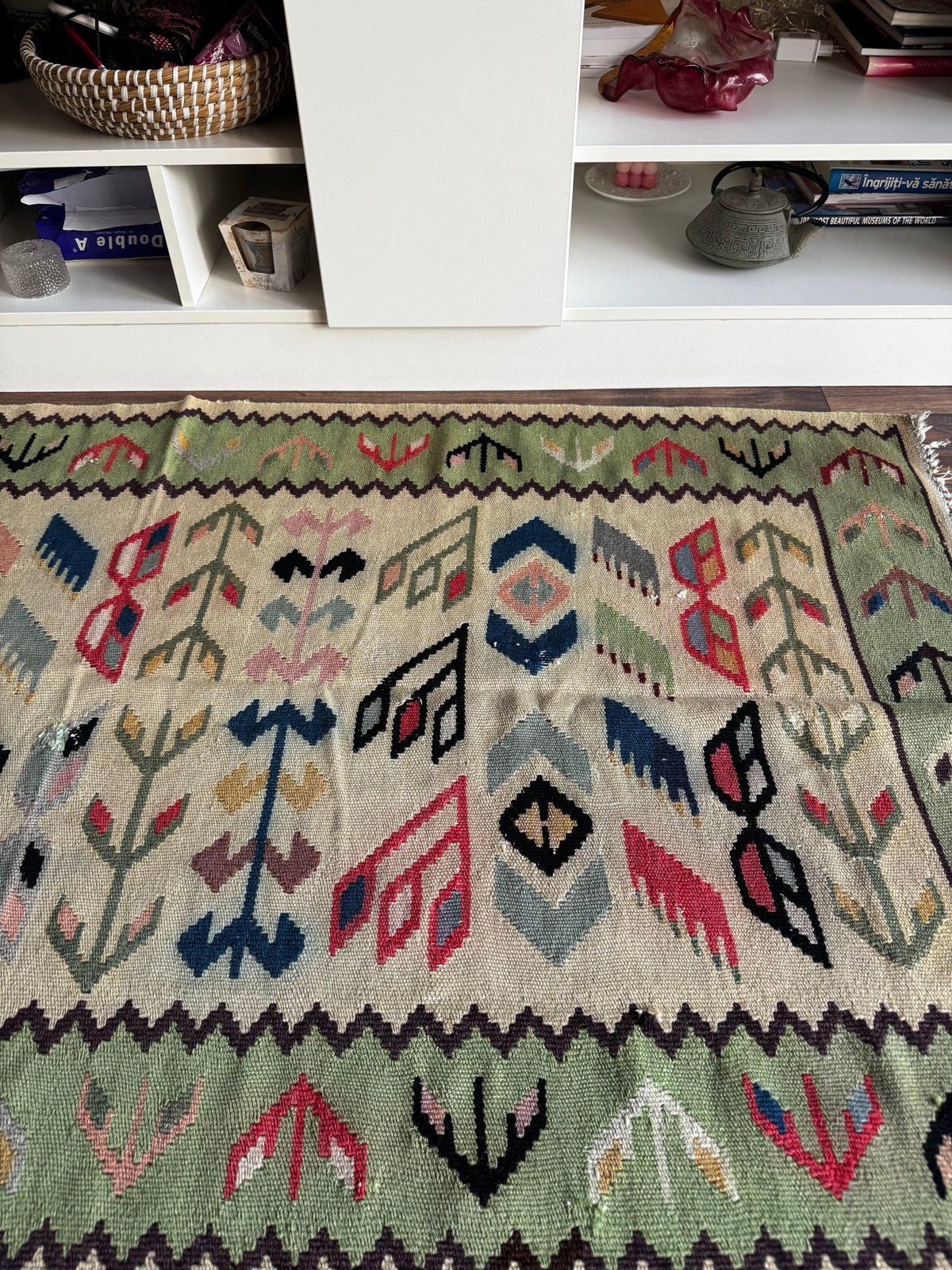 Vintage Geometric Oltenian Wool Kilim Rug, 190x100 cm, view 3