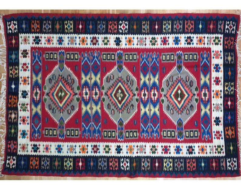Vintage Red Floral Oltenian Wool Kilim Rug, 283x173 cm, view 3