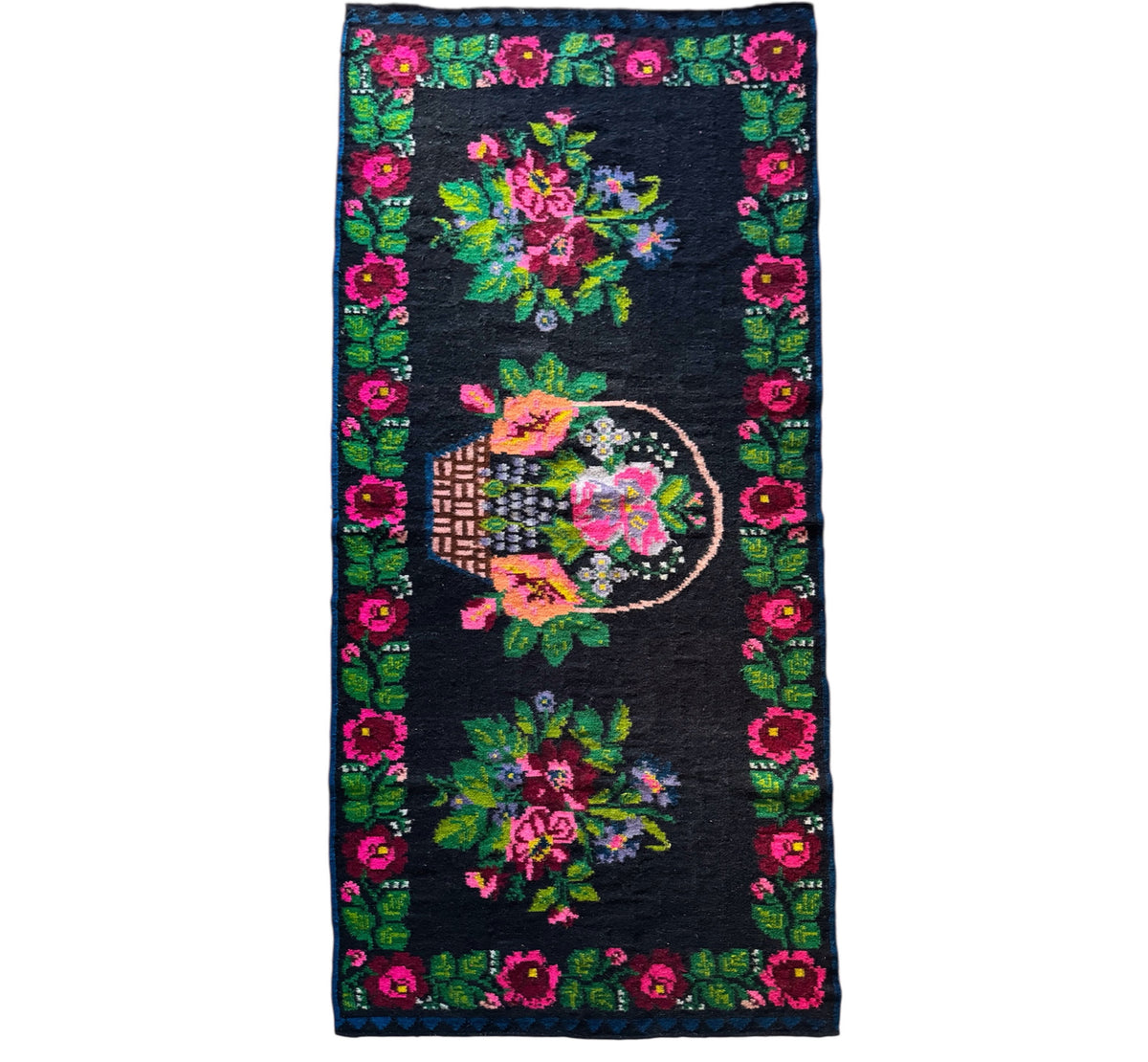 Vintage Floral Oltenian Wool Runner Rug, 225x97 cm