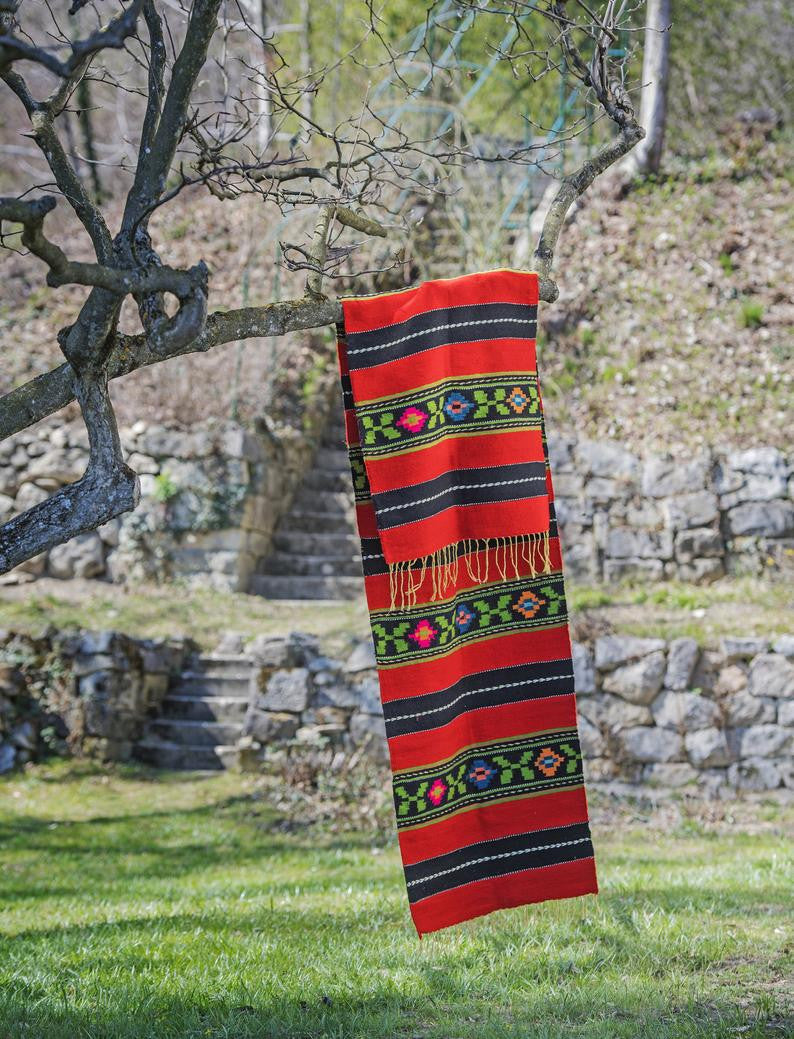 Vintage Red Striped Oltenian Wool Runner Rug, 280x75 cm