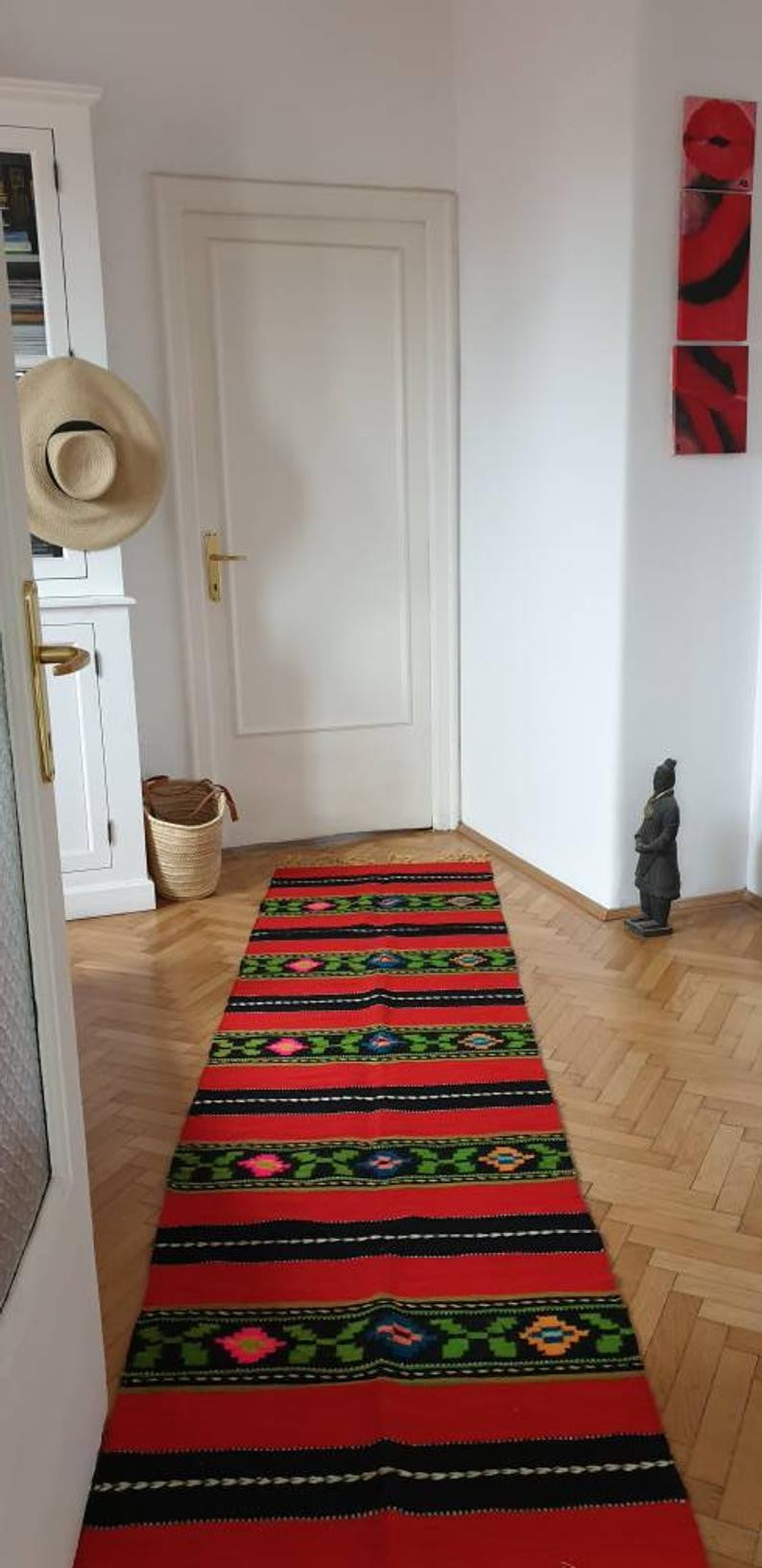 Vintage Red Striped Oltenian Wool Runner Rug, 280x75 cm, view 9