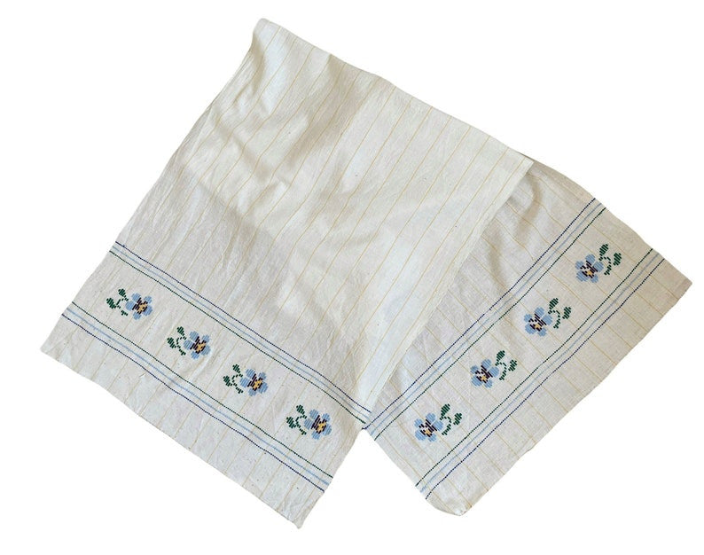 Vintage Romanian Folk Towel, Blue Flowers, 167x47 cm