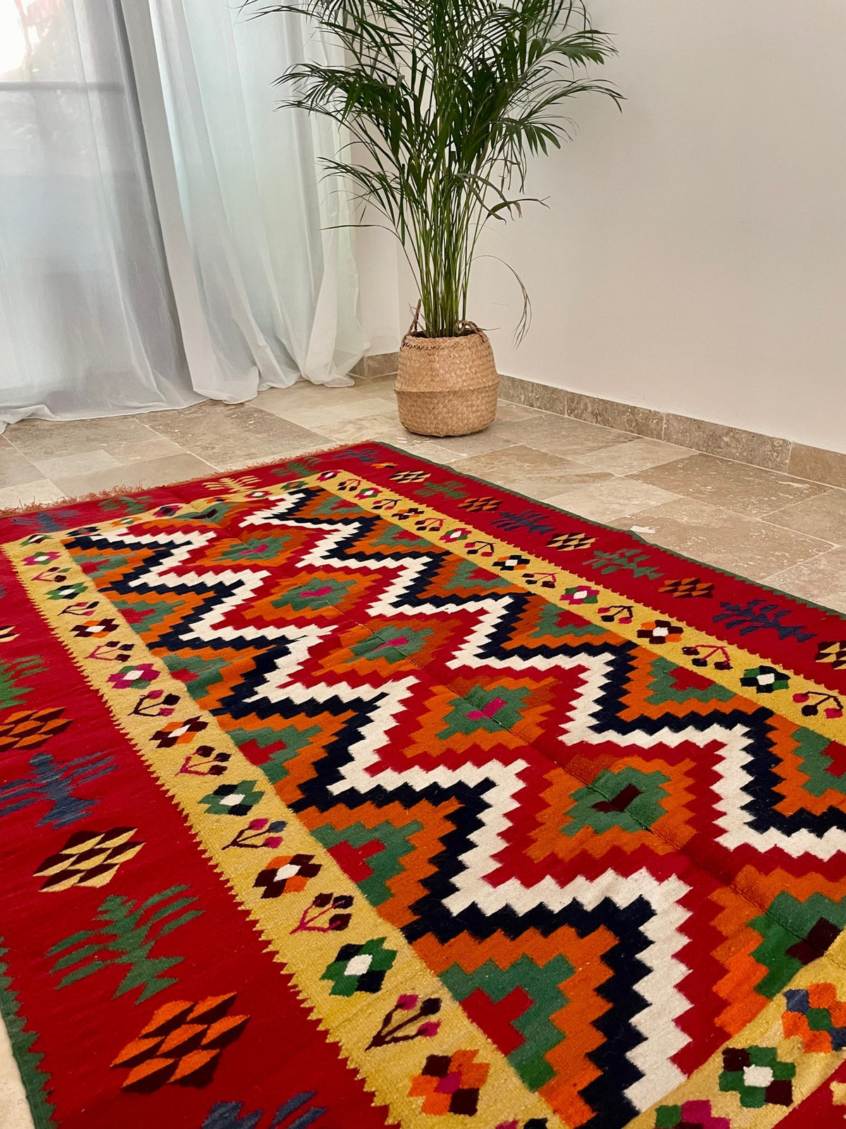 Vintage Red Geometric Romanian Kilim Rug, 225x141 cm, view 4