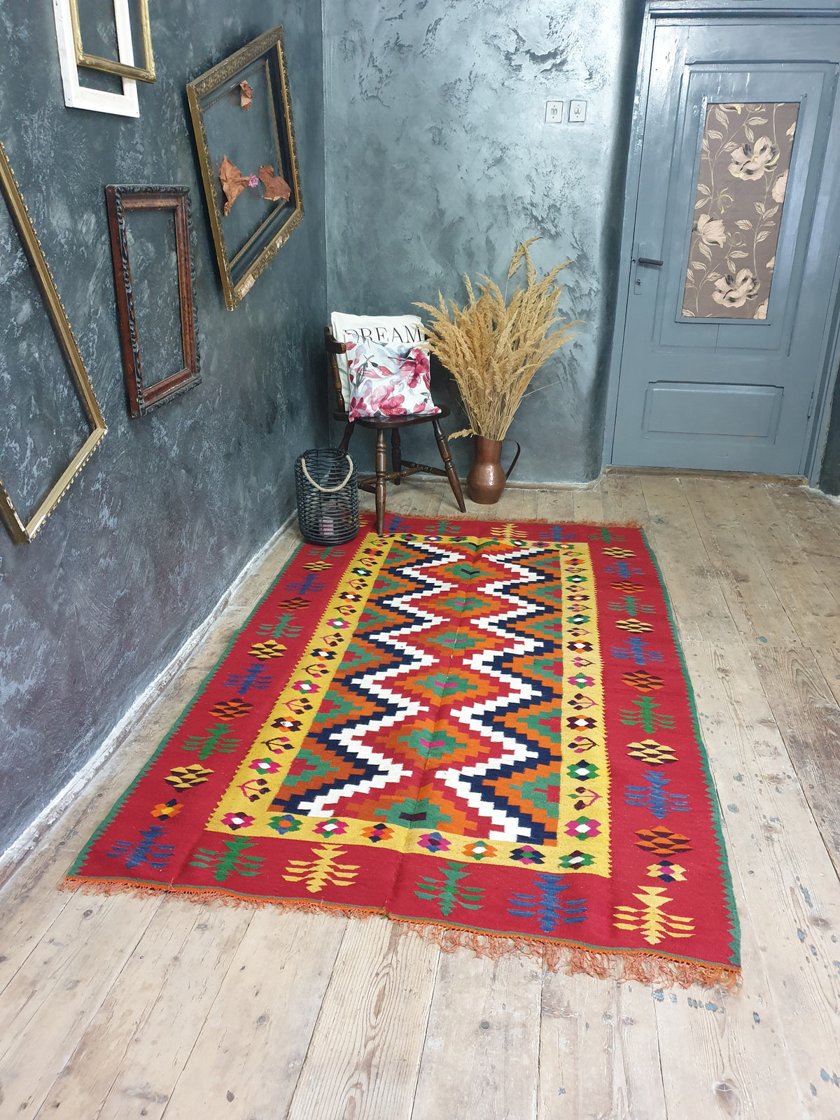 Vintage Red Geometric Romanian Kilim Rug, 225x141 cm, view 7