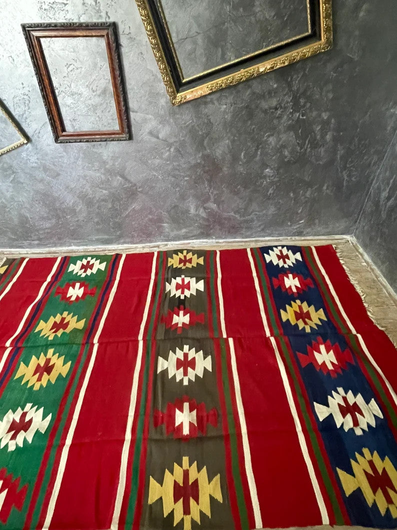 Vintage Red Geometric Romanian Kilim Rug, 232x152 cm, view 4