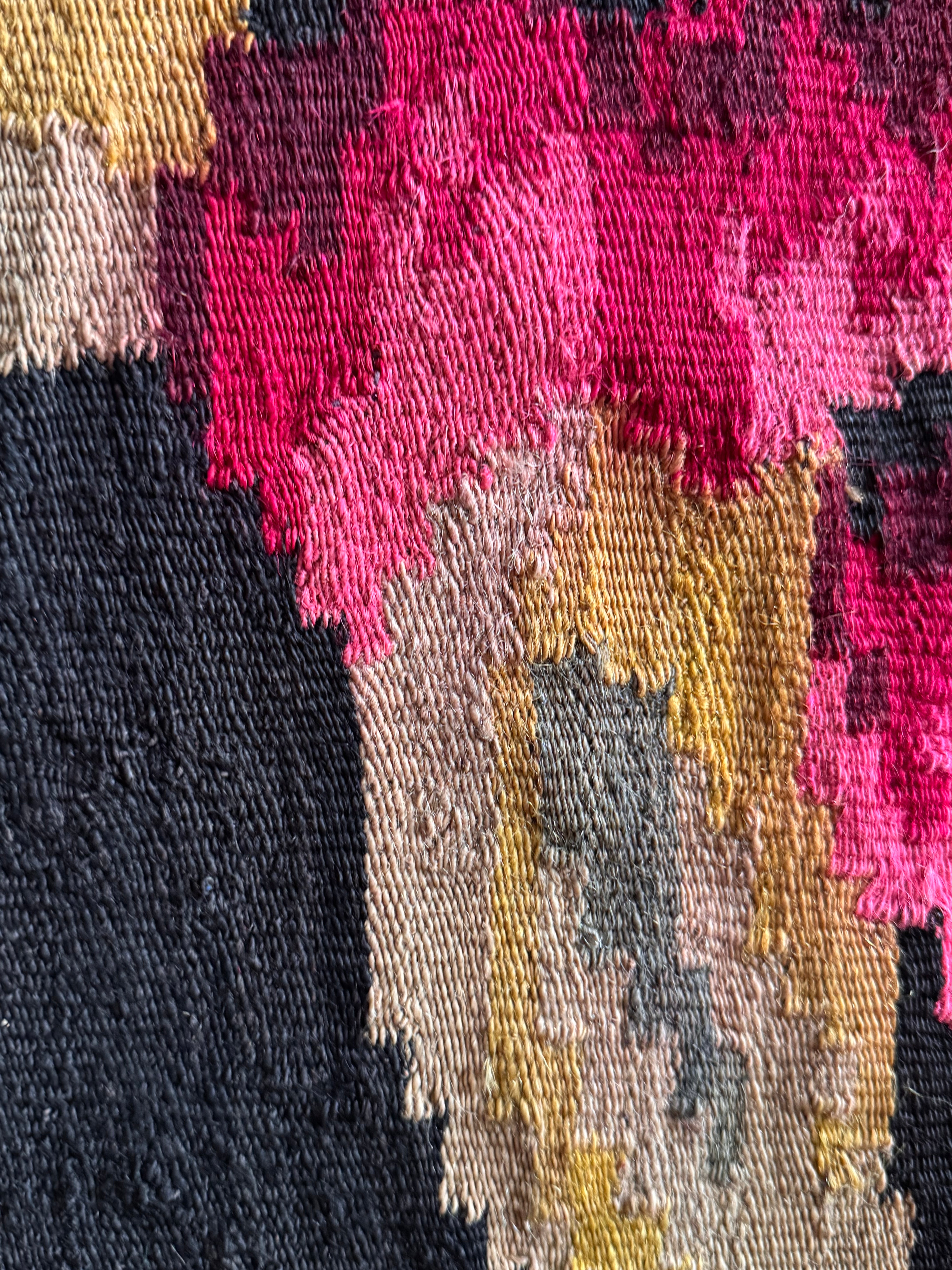 Medium vintage Romanian rug with pink and golden floral decorations