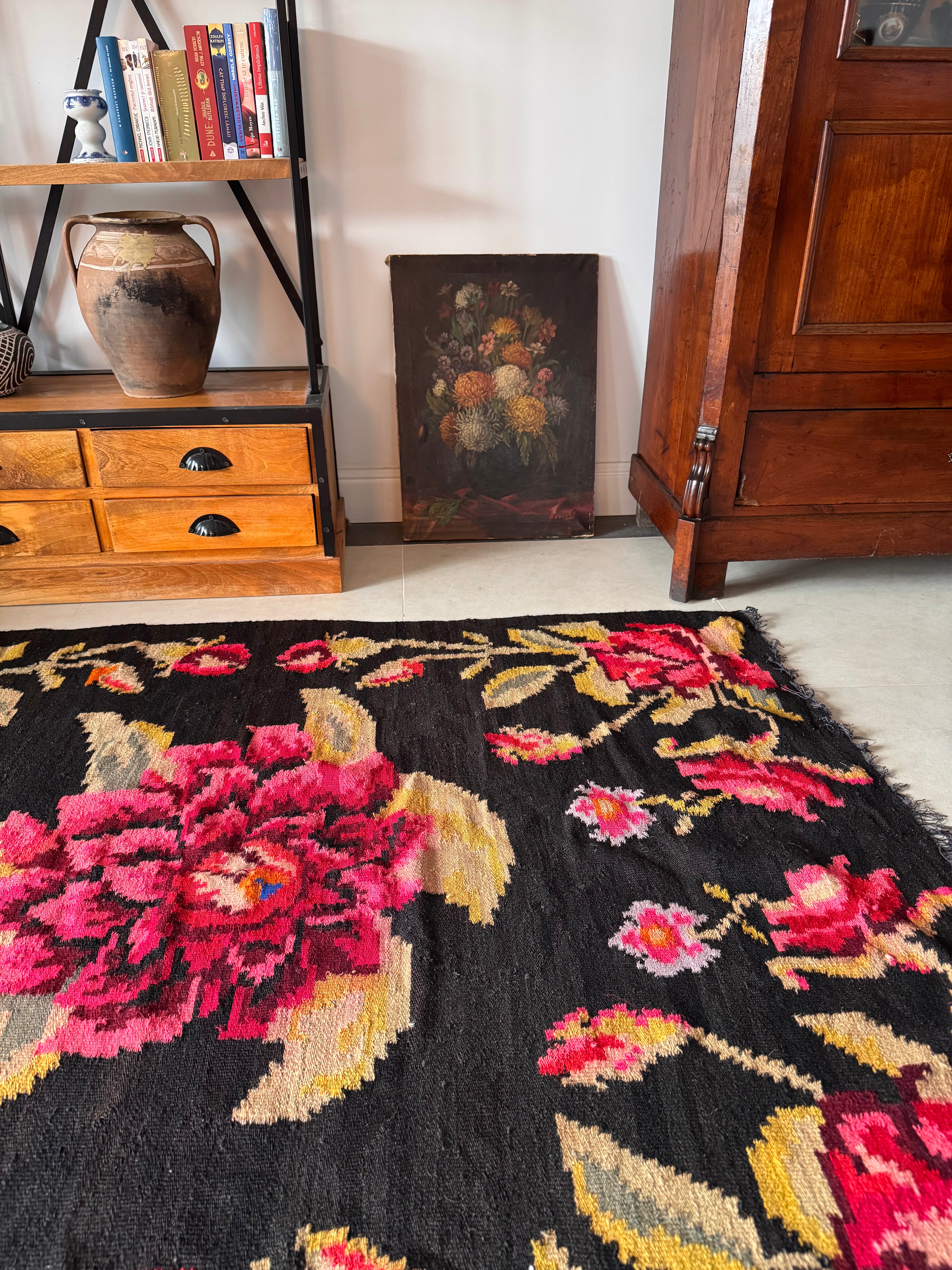 Authentic Romanian folk textile featuring vibrant traditional floral motifs