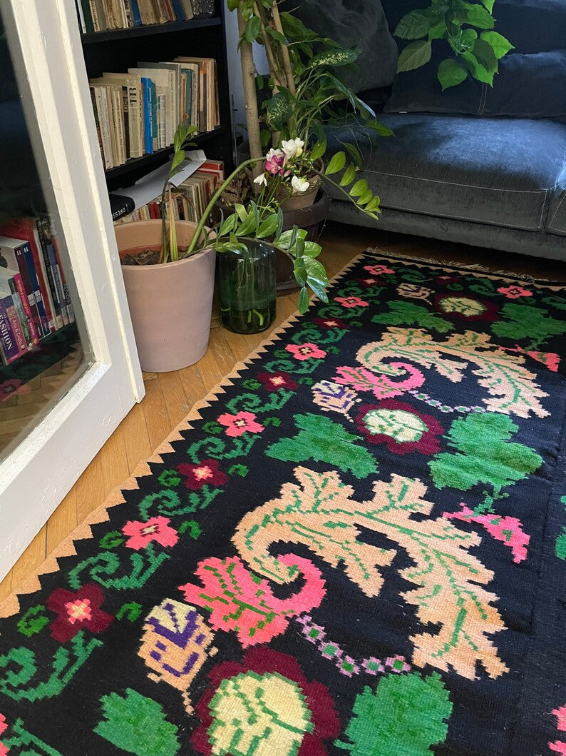 Vintage Brown Floral Romanian Wool Kilim Rug, 203x162 cm, view 3