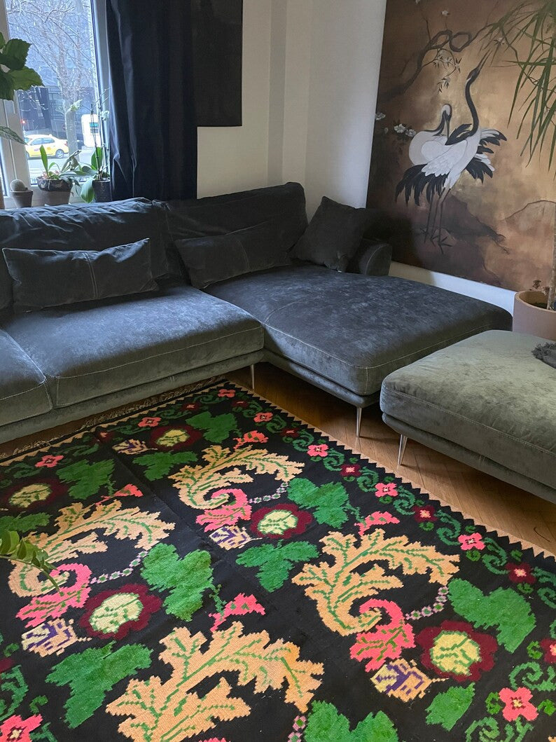 Vintage Brown Floral Romanian Wool Kilim Rug, 203x162 cm, view 4