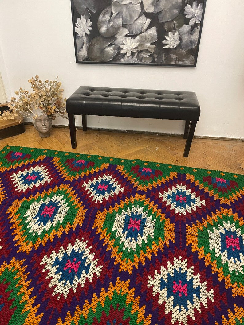 Vintage Geometric Romanian Wool Kilim Rug, 228x146 cm, view 2