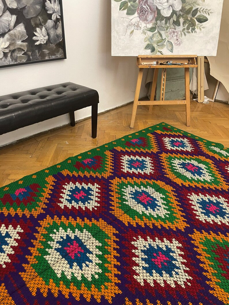 Vintage Geometric Romanian Wool Kilim Rug, 228x146 cm, view 4