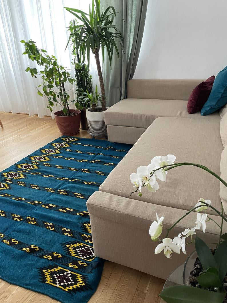 Vintage Blue & Yellow Romanian Wool Rug, 183x140 cm, view 3