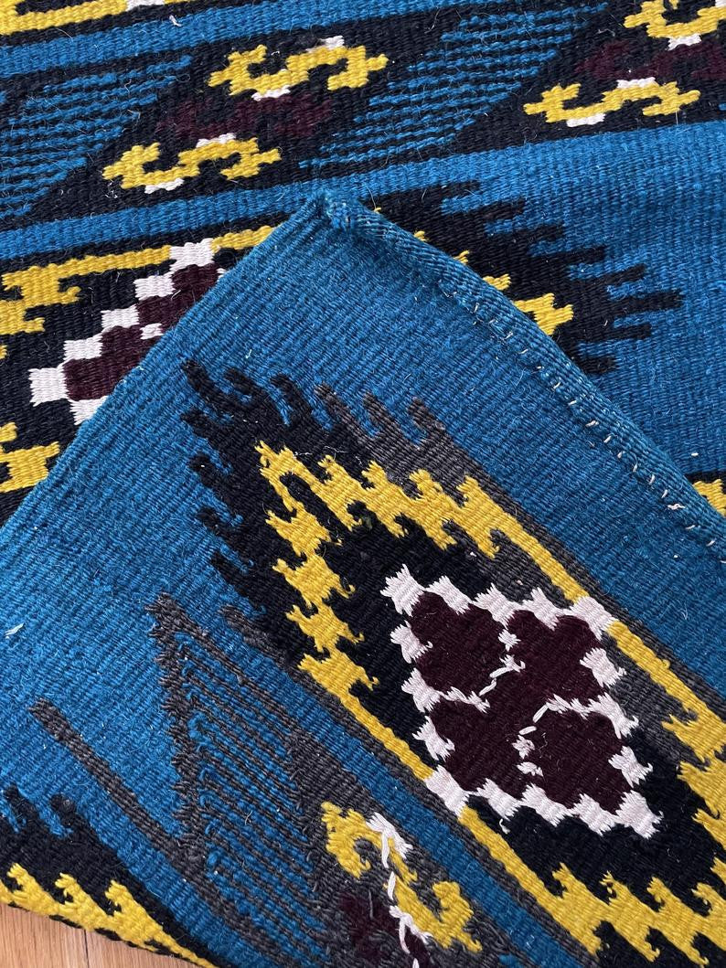 Vintage Blue & Yellow Romanian Wool Rug, 183x140 cm, view 8